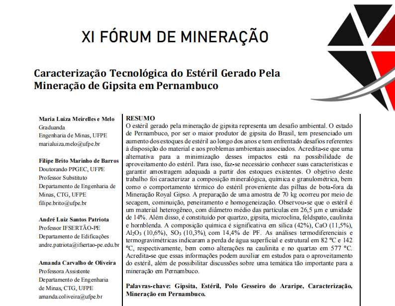 Imagem da primeira página do aritgo de título Caracterização Tecnológica do Estéril Gerado Pela Mineração de Gipsita em Pernambuco, apresentado no XI Fórum de Mineração