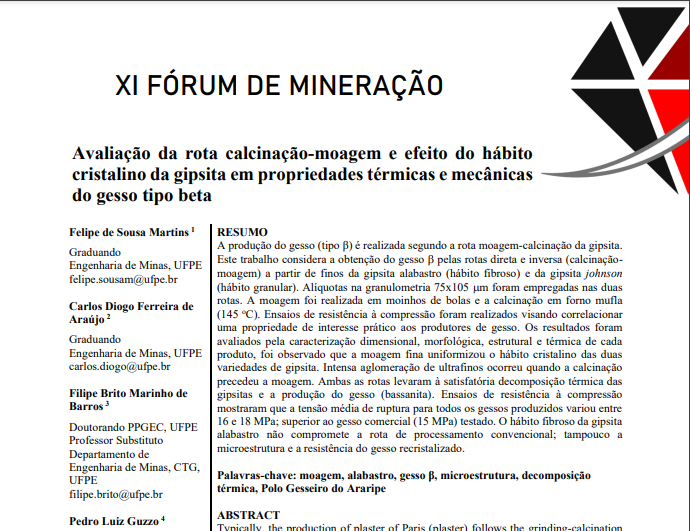 Imagem da primeira página do artigo de título Avaliação da rota calcinação-moagem e efeito do hábito cristalino da gipsita em propriedades térmicas e mecânicas do gesso tipo beta, apresentado no XI Fórum de Mineração