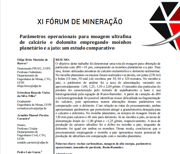 Imagem da primeira página do artigo de título Parâmetros operacionais para moagem ultrafina de calcário e dolomito empregando moinhos planetário e a jato: um estudo comparativo, apresentado no XI Fórum de Mineração